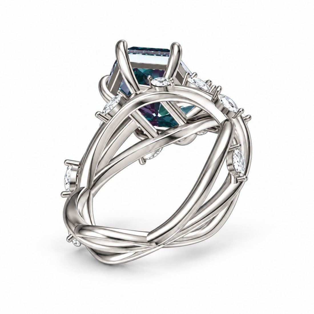 The Verbena — Dutch Marquise Alexandrite Garden Ring, North-South, in 14K white gold, back view
