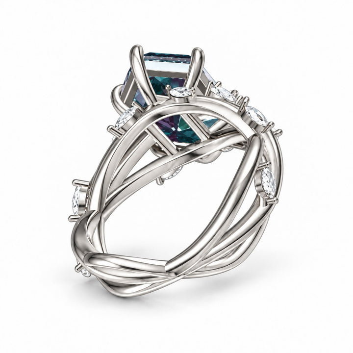 The Verbena — Dutch Marquise Alexandrite Garden Ring, North-South, in 14K white gold, back view