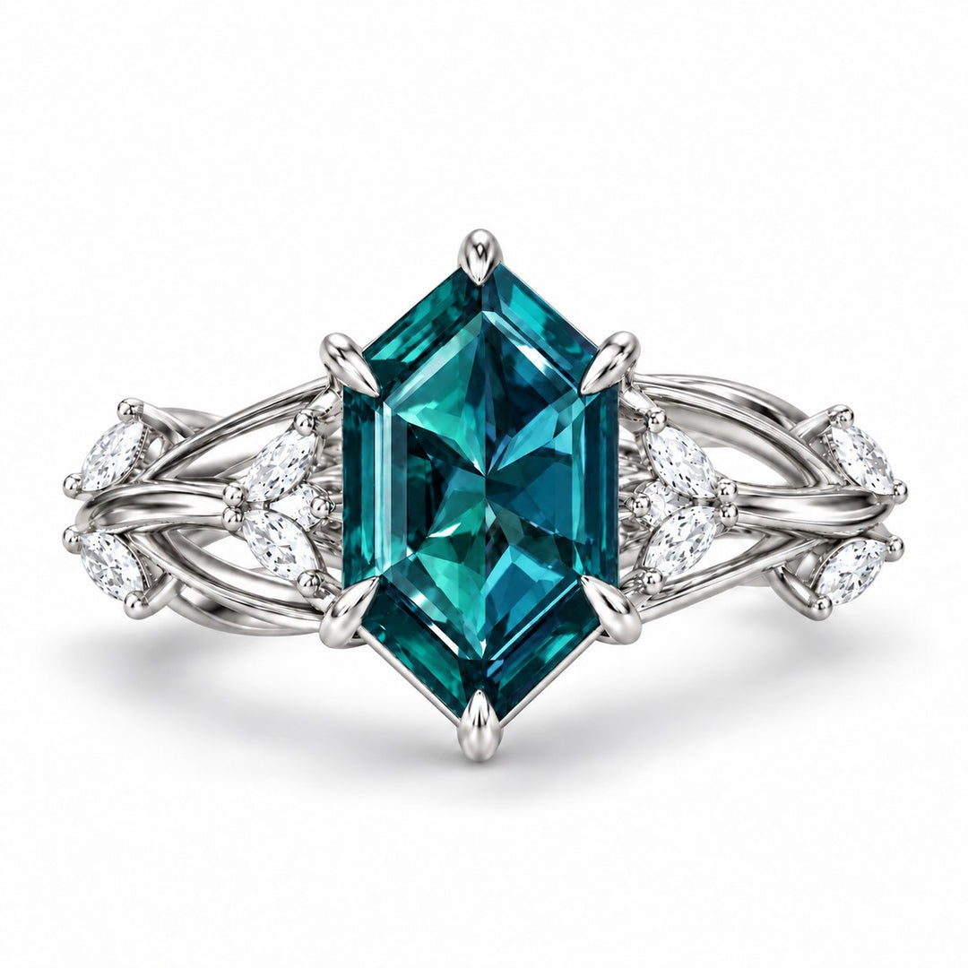 The Verbena — Dutch Marquise Alexandrite Garden Ring, North-South, in 14K white gold, in daylight