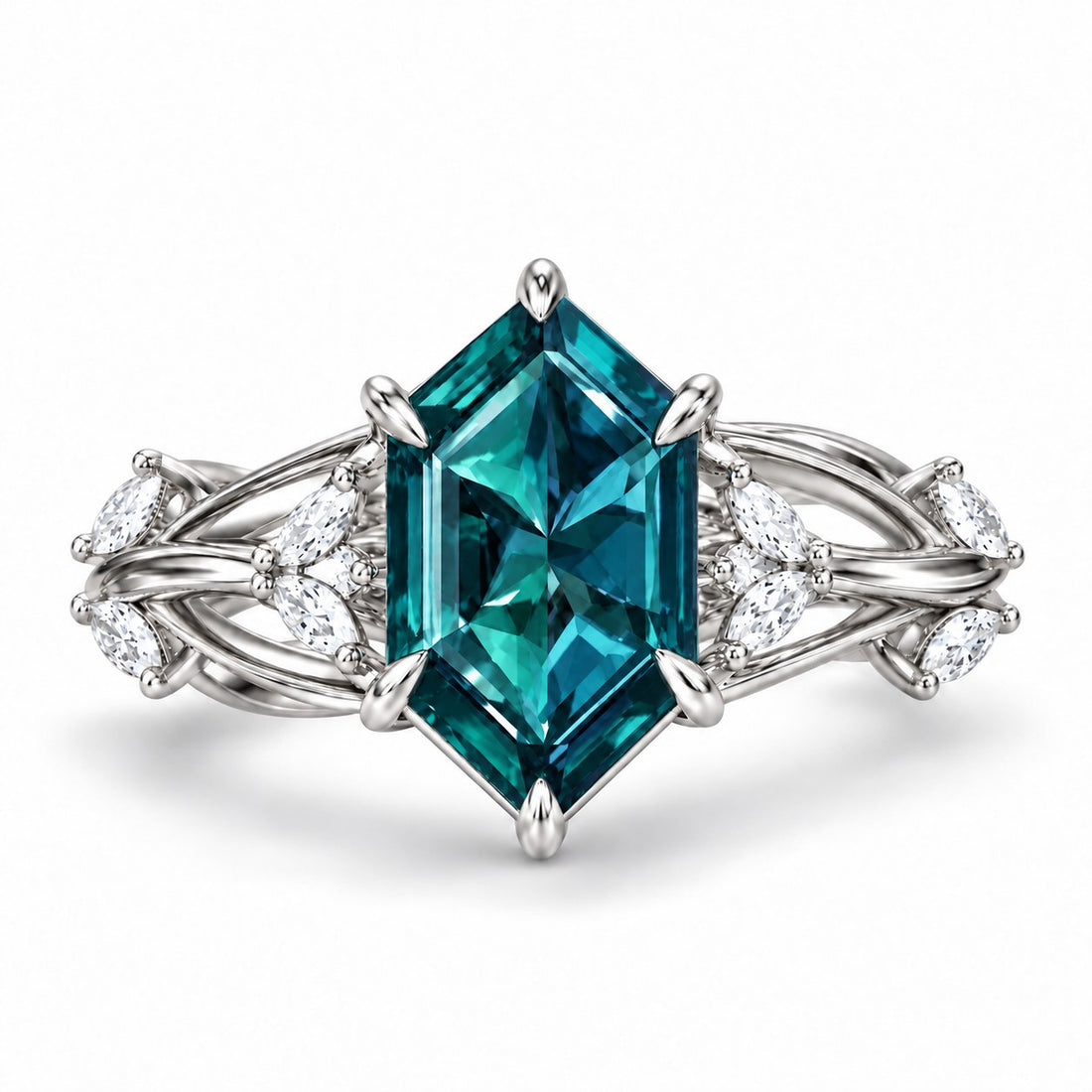The Verbena — Dutch Marquise Alexandrite Garden Ring, North-South, in 14K white gold, in daylight