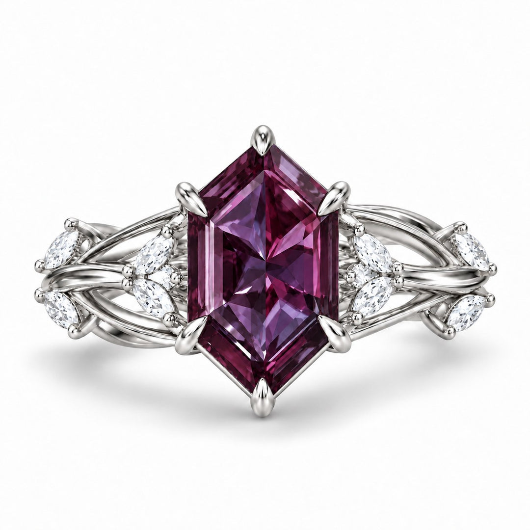 The Verbena — Dutch Marquise Alexandrite Garden Ring, North-South, in 14K white gold, in warm light