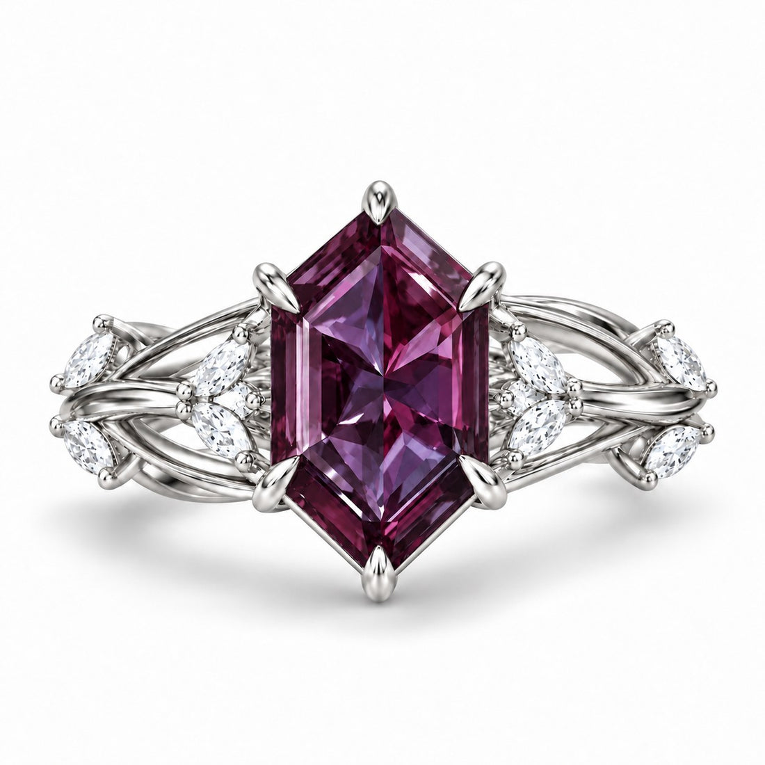 The Verbena — Dutch Marquise Alexandrite Garden Ring, North-South, in 14K white gold, in warm light