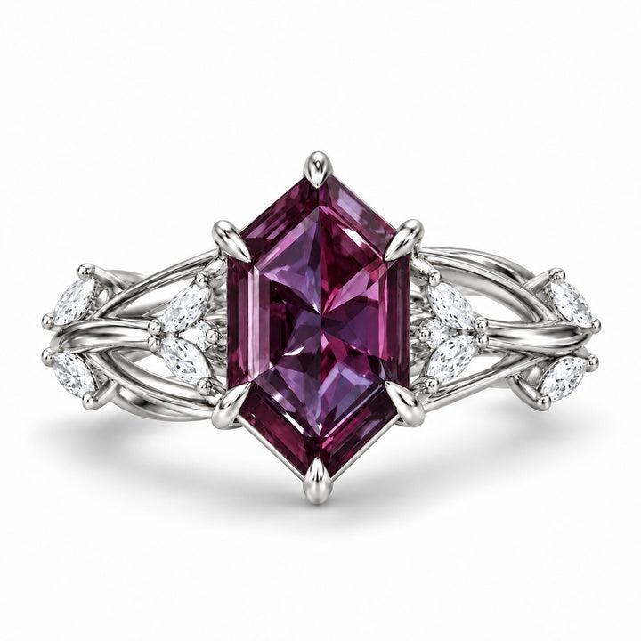 The Verbena — Dutch Marquise Alexandrite Garden Ring, North-South, in 14K white gold, in warm light