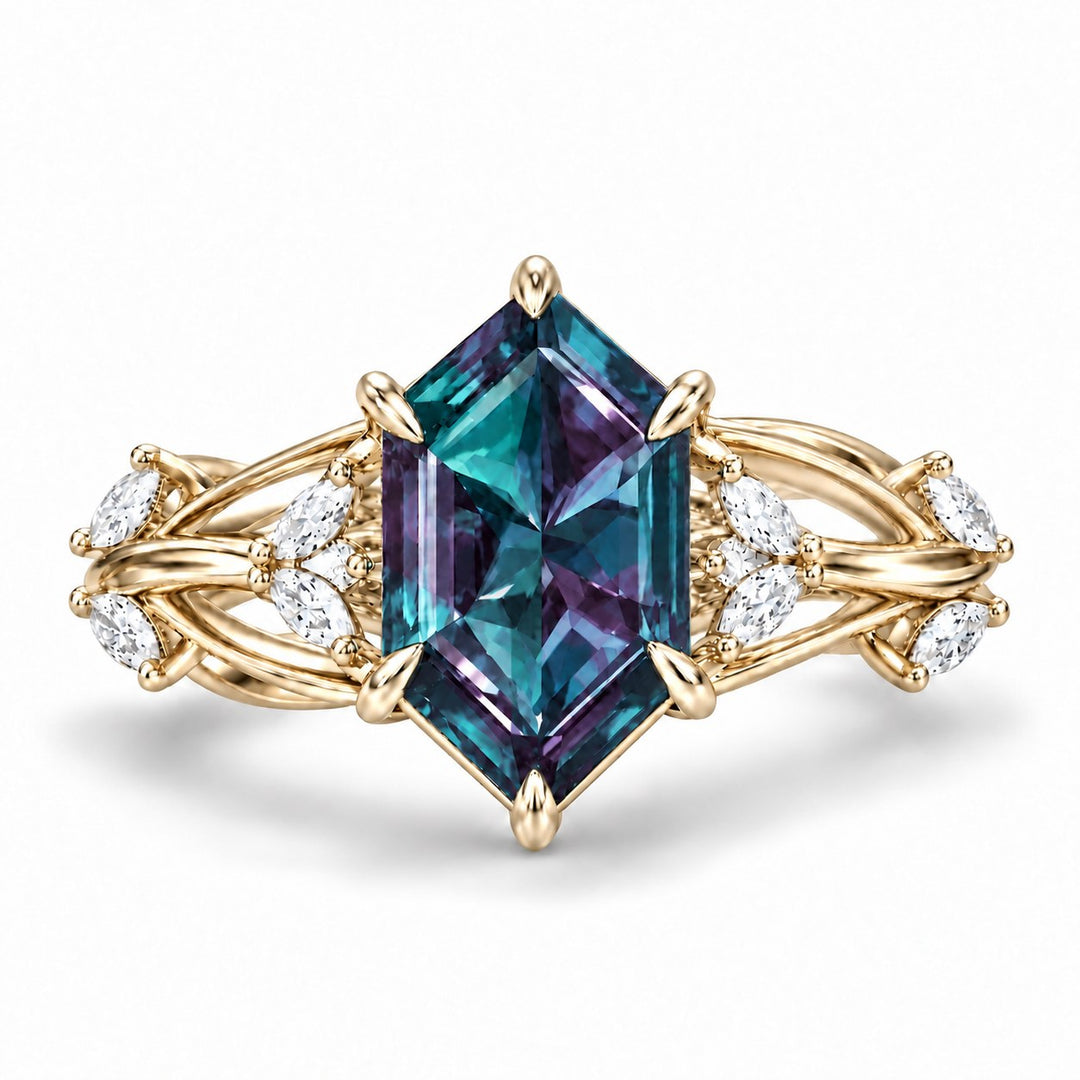 The Verbena — Dutch Marquise Alexandrite Garden Ring, North-South, in 14K yellow gold