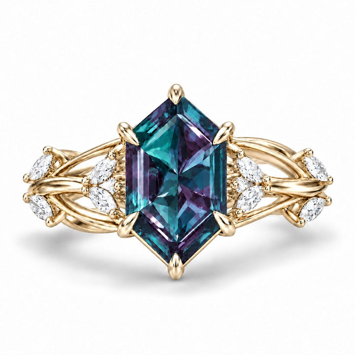 The Verbena — Dutch Marquise Alexandrite Garden Ring, North-South, in 14K yellow gold