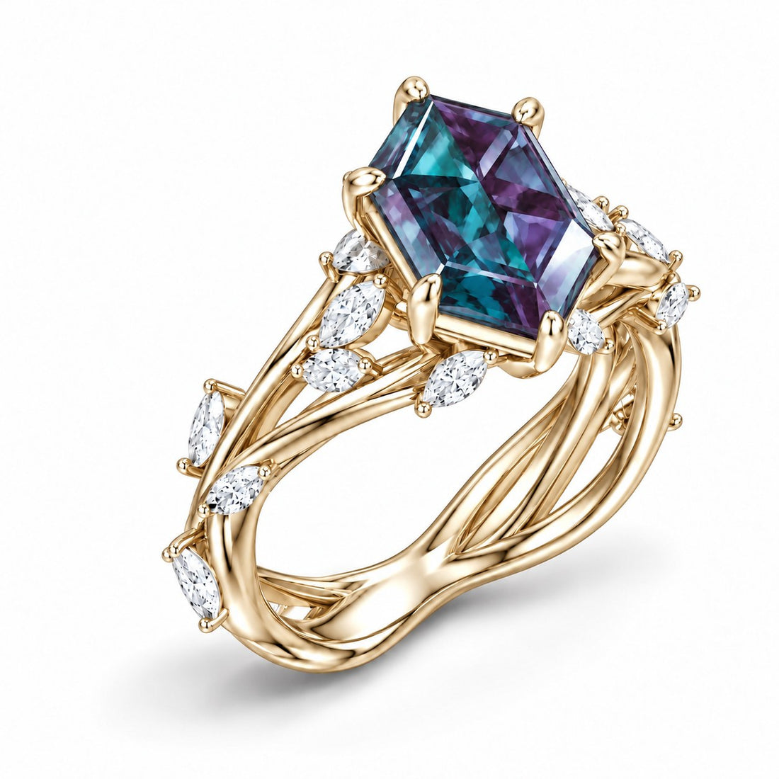 The Verbena — Dutch Marquise Alexandrite Garden Ring, North-South, in 14K yellow gold, angled view