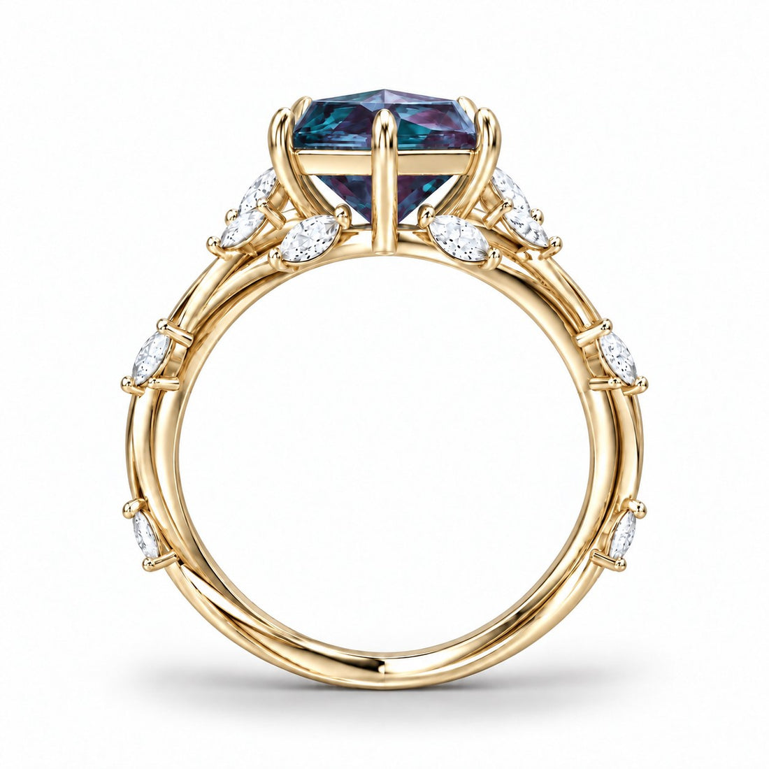 The Verbena — Dutch Marquise Alexandrite Garden Ring, North-South, in 14K yellow gold, profile view