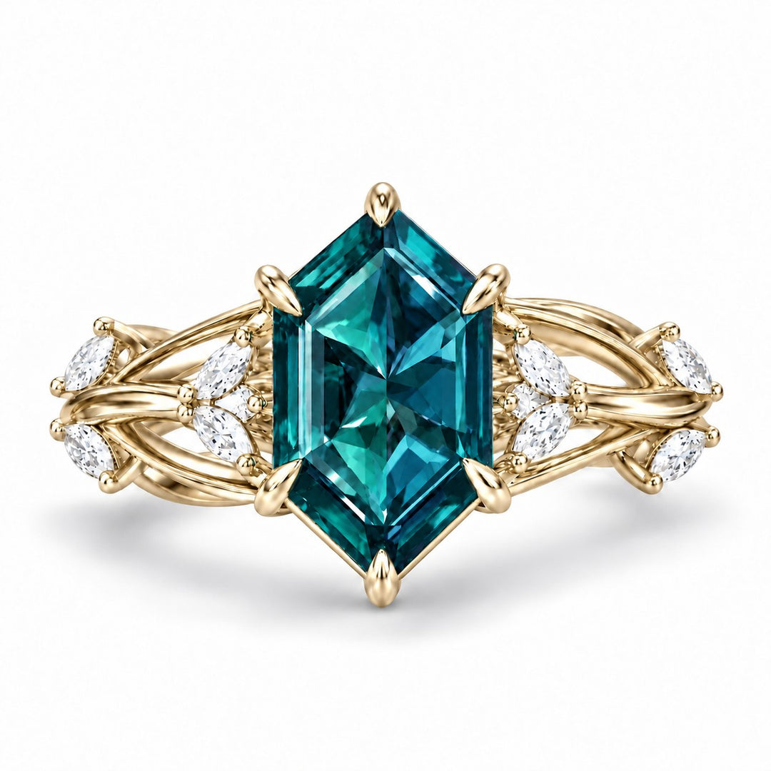 The Verbena — Dutch Marquise Alexandrite Garden Ring, North-South, in 14K yellow gold, in daylight