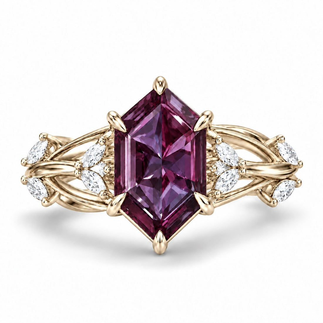 The Verbena — Dutch Marquise Alexandrite Garden Ring, North-South, in 14K yellow gold, in warm light
