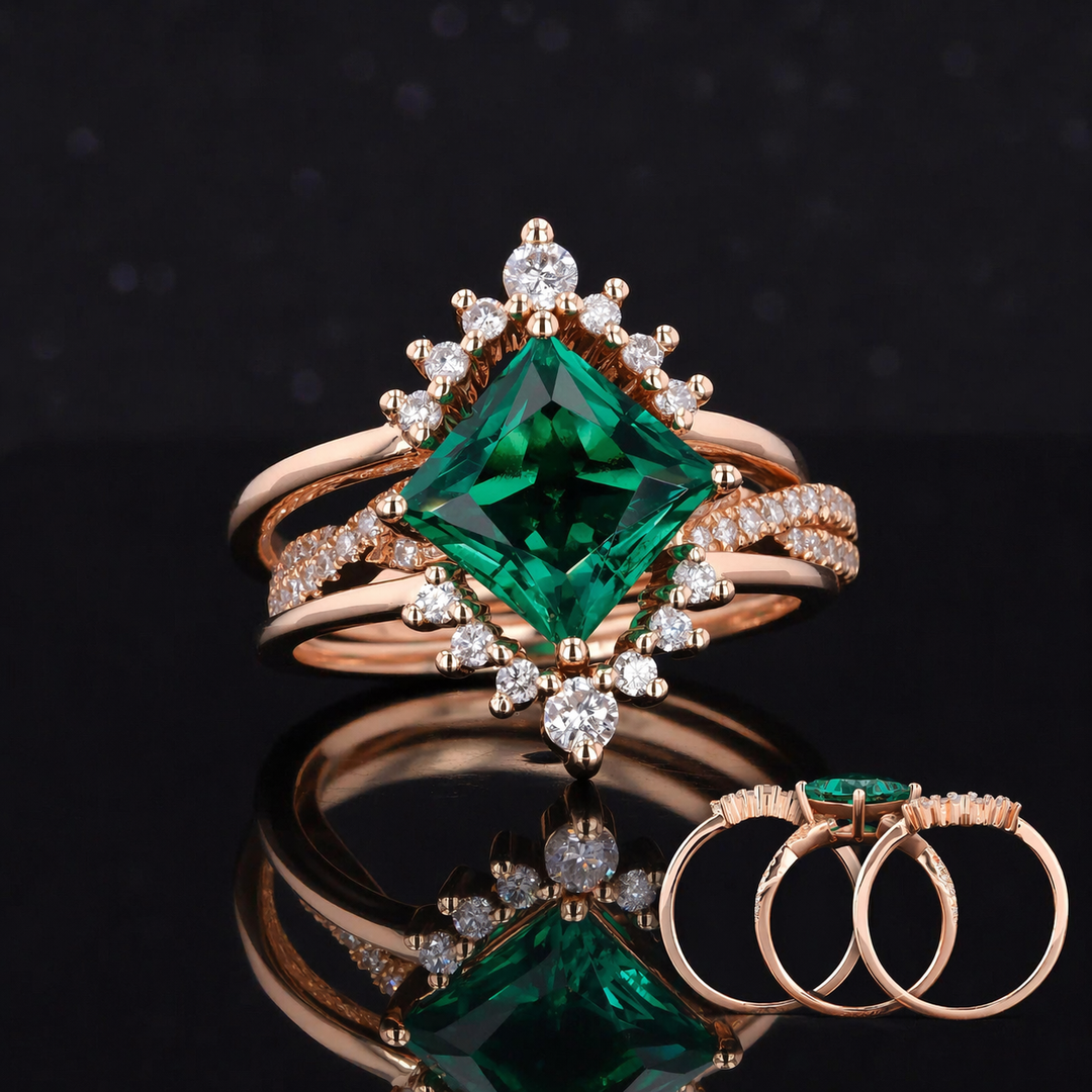 The Verdant Crown — Diamond Halo Emerald Ring (Twist Band)