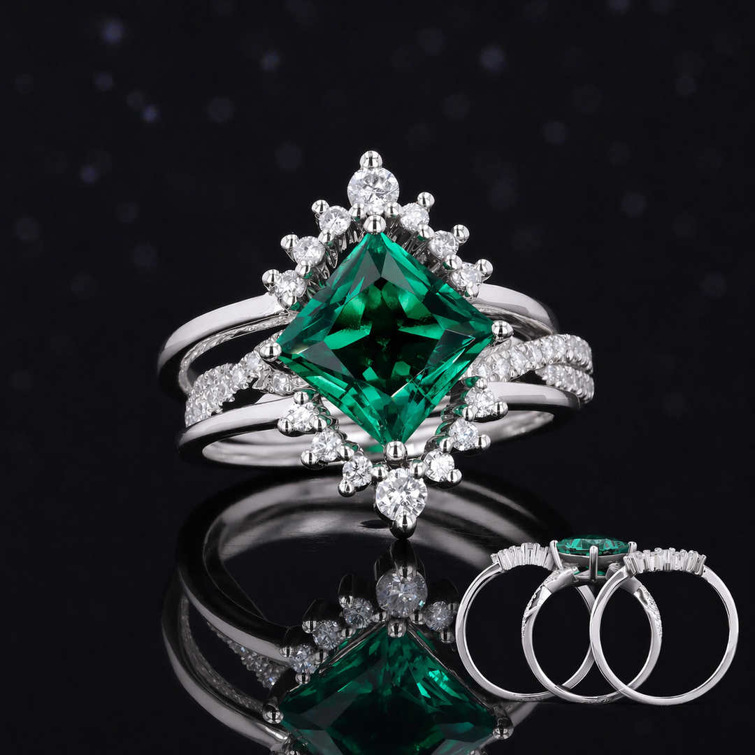 The Verdant Crown — Diamond Halo Emerald Ring (Twist Band)