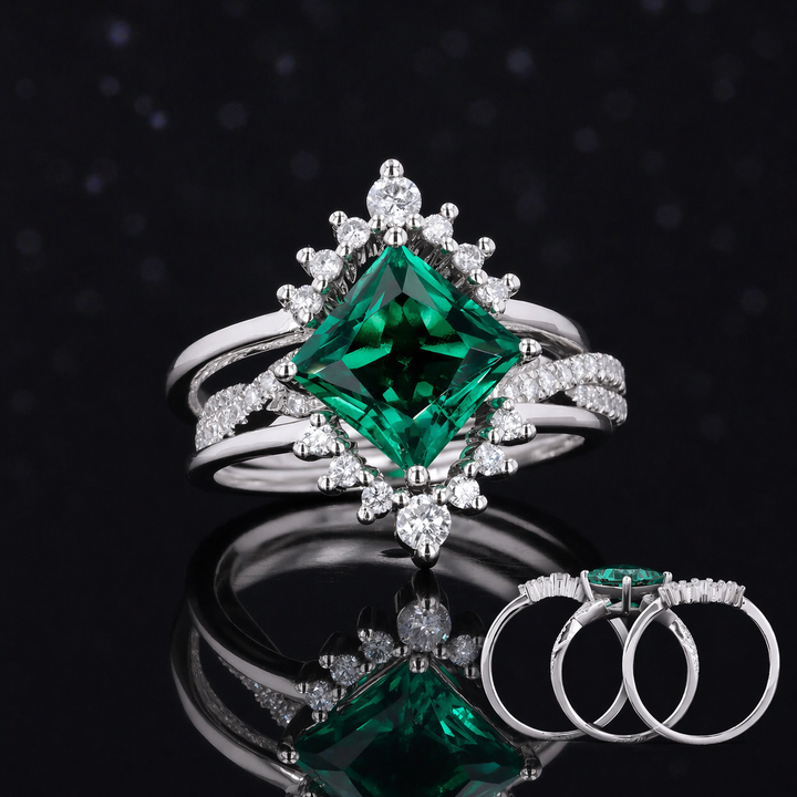 The Verdant Crown — Diamond Halo Emerald Ring (Twist Band)