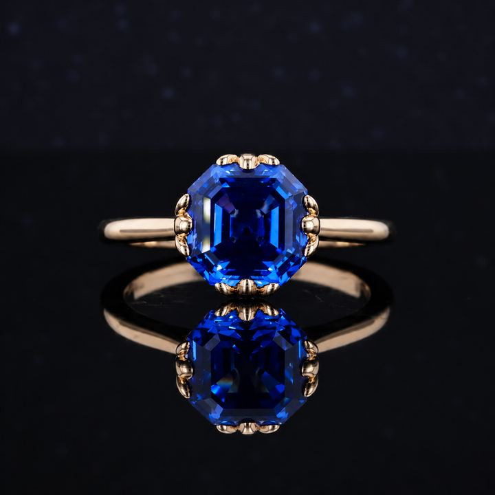 The Verena — Blue Asscher Sapphire with Leaf Prongs Ring