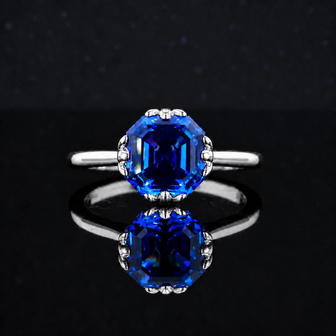 The Verena — Blue Asscher Sapphire with Leaf Prongs Ring