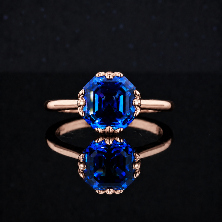 The Verena — Blue Asscher Sapphire with Leaf Prongs Ring