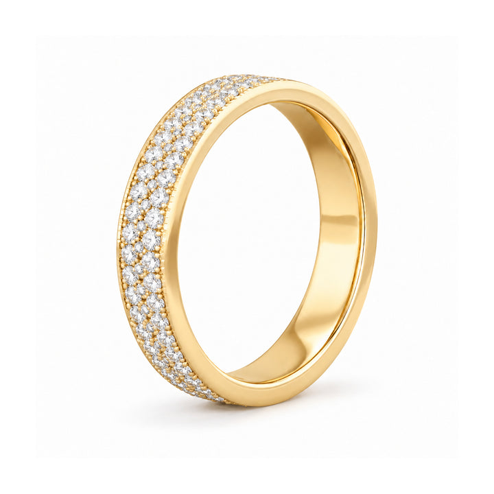 5mm Triple-Row Pavé Diamond Band in yellow gold, angled view