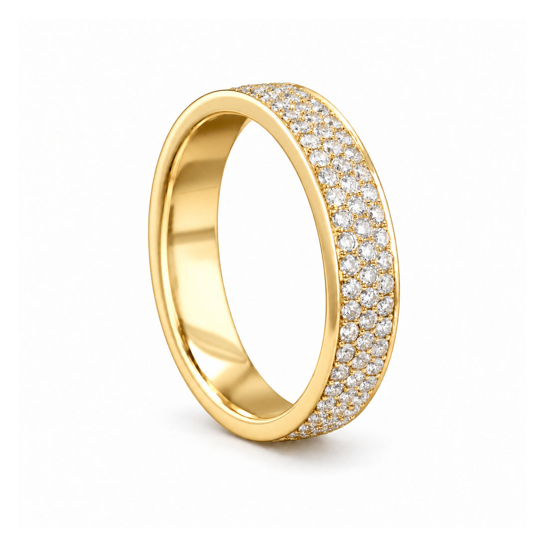 5mm Triple-Row Pavé Diamond Band in yellow gold, standing view