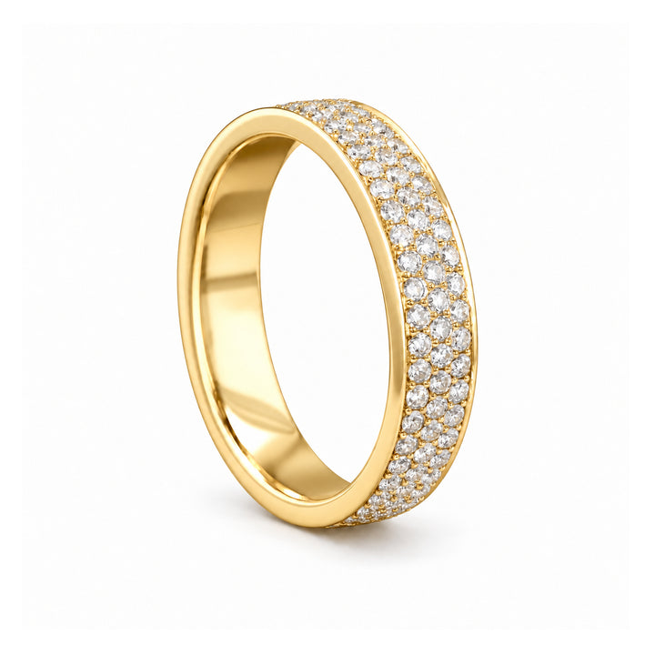5mm Triple-Row Pavé Diamond Band in yellow gold, standing view