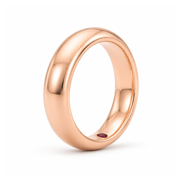 Custom Birthstone Inlay Band Ring – 5mm High Polish in rose gold, standing view