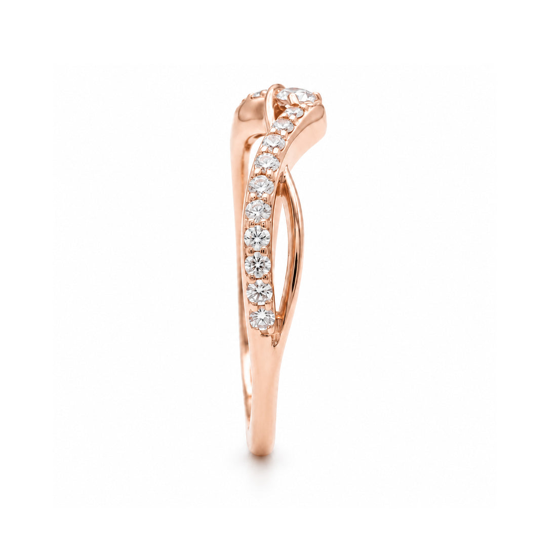 The Chevron Twist — 1.5mm Diamond Wedding Band (0.25ctw) in 14K rose gold, side view