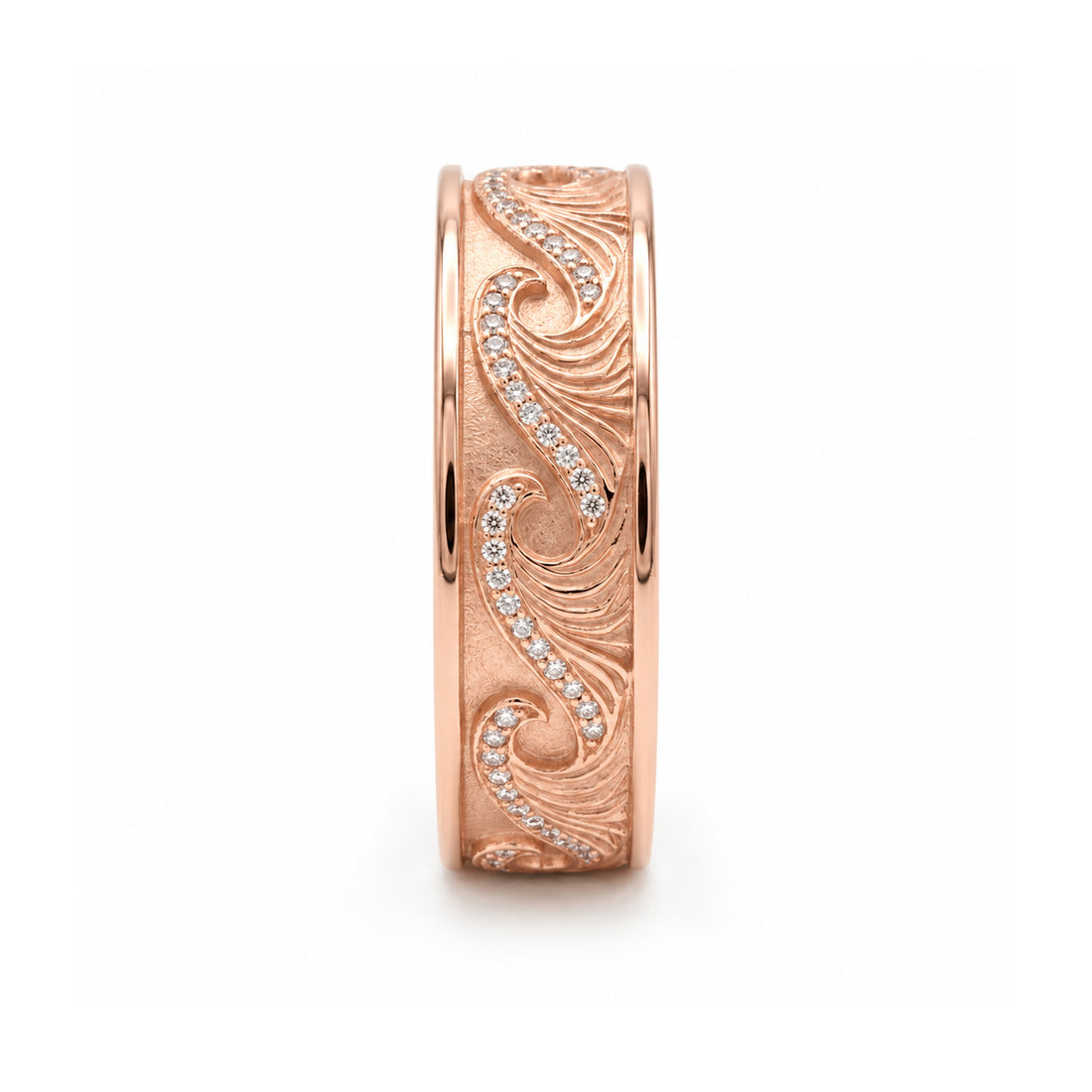 The Ocean Wave Vintage 4mm hand-carved diamond wedding band in 14K rose gold, side view