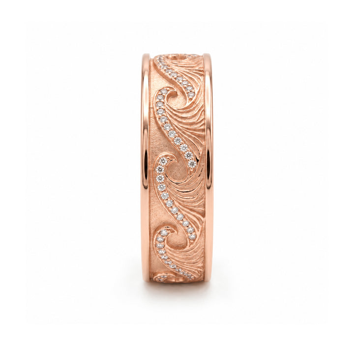 The Ocean Wave Vintage 4mm hand-carved diamond wedding band in 14K rose gold, side view