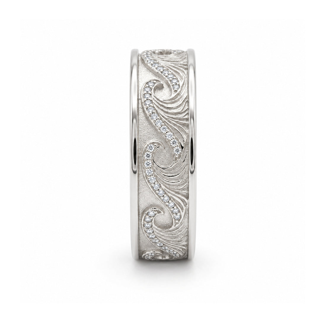 The Ocean Wave Vintage 4mm hand-carved diamond wedding band in 14K white gold, side view