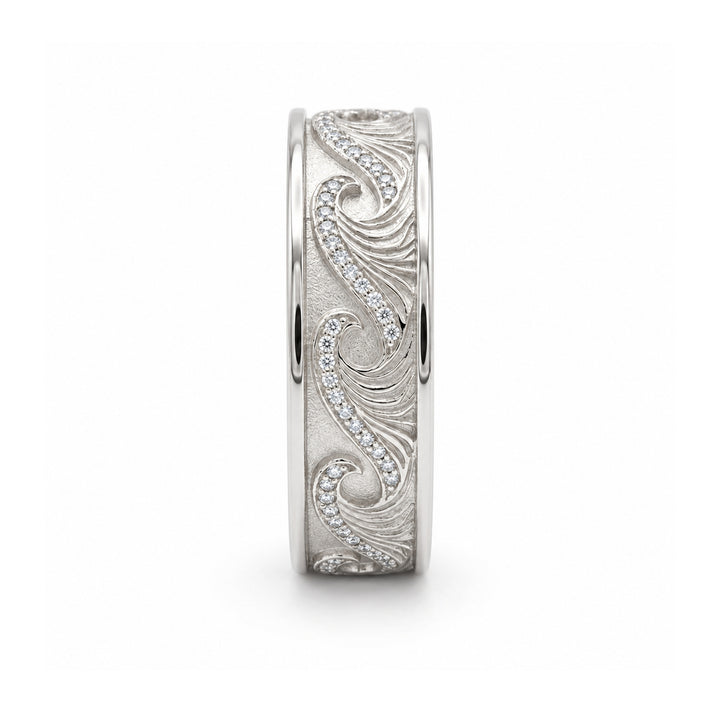 The Ocean Wave Vintage 4mm hand-carved diamond wedding band in 14K white gold, side view