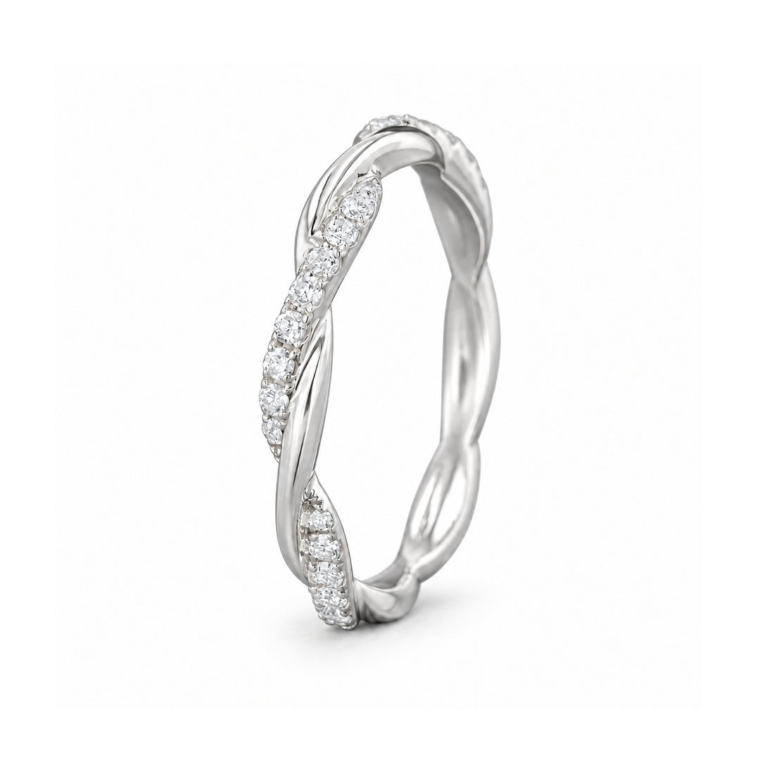 The Vine Twist — 1.8mm Diamond Wedding Band (0.20ctw) in 14K white gold, angle view