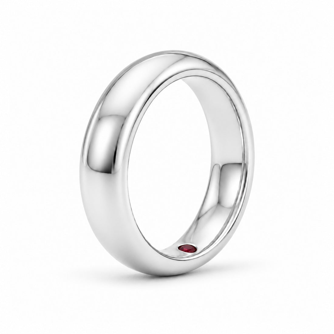 Custom Birthstone Inlay Band Ring – 5mm High Polish in white gold, standing view