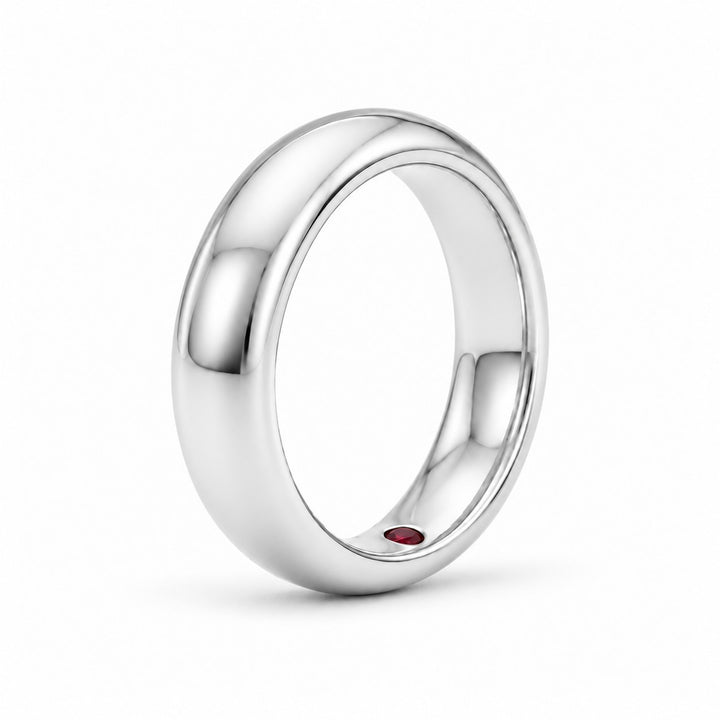 Custom Birthstone Inlay Band Ring – 5mm High Polish in white gold, standing view