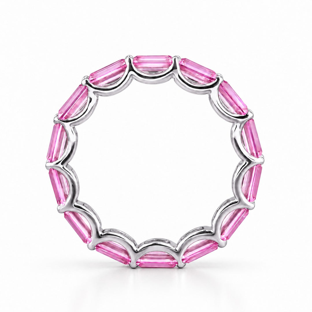 East-West Emerald-Cut Pink Sapphire Eternity Band (2.5x5mm, 3.50ctw) in white gold, profile view