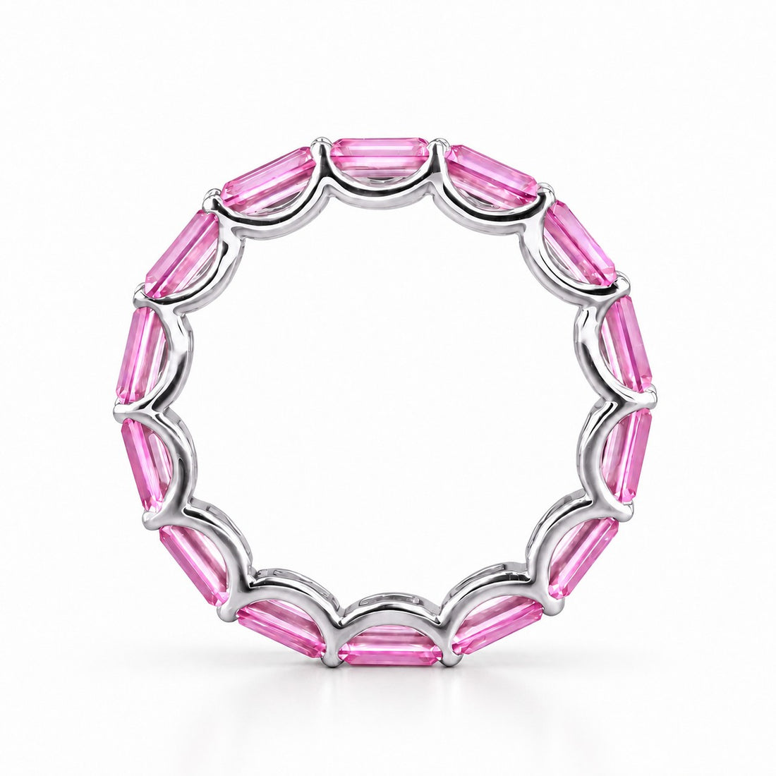 East-West Emerald-Cut Pink Sapphire Eternity Band (2.5x5mm, 3.50ctw) in white gold, profile view