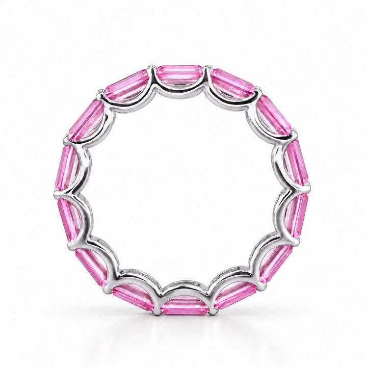 East-West Emerald-Cut Pink Sapphire Eternity Band (2.5x5mm, 3.50ctw) in white gold, profile view