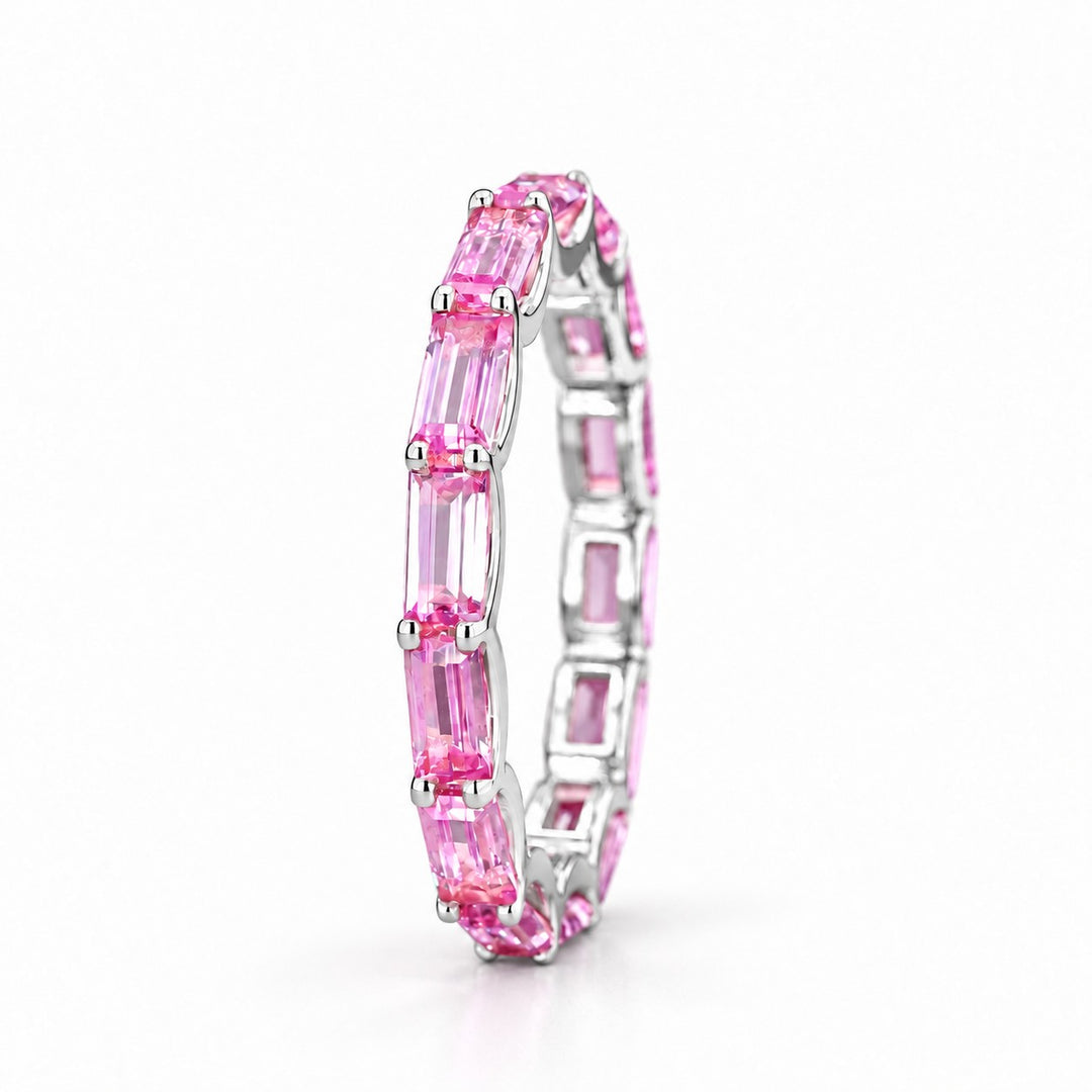 East-West Emerald-Cut Pink Sapphire Eternity Band (2.5x5mm, 3.50ctw) in white gold, standing view