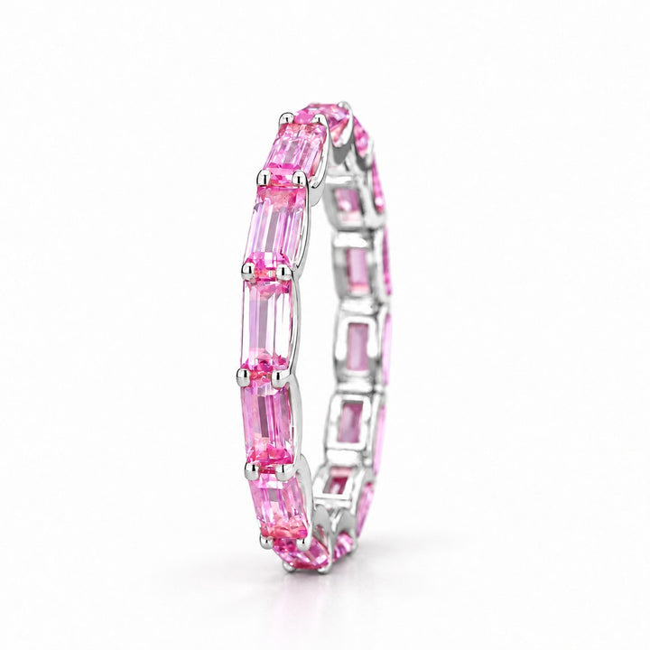 East-West Emerald-Cut Pink Sapphire Eternity Band (2.5x5mm, 3.50ctw) in white gold, standing view