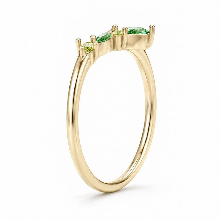 The Elowen — Emerald & Peridot Chevron Band side view in 14K Yellow Gold