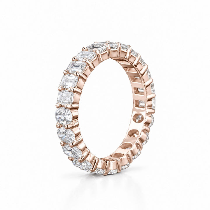 3.36ctw Half Oval & Half Emerald Diamond Eternity Band Ring (4mm) side view in 14K Rose Gold
