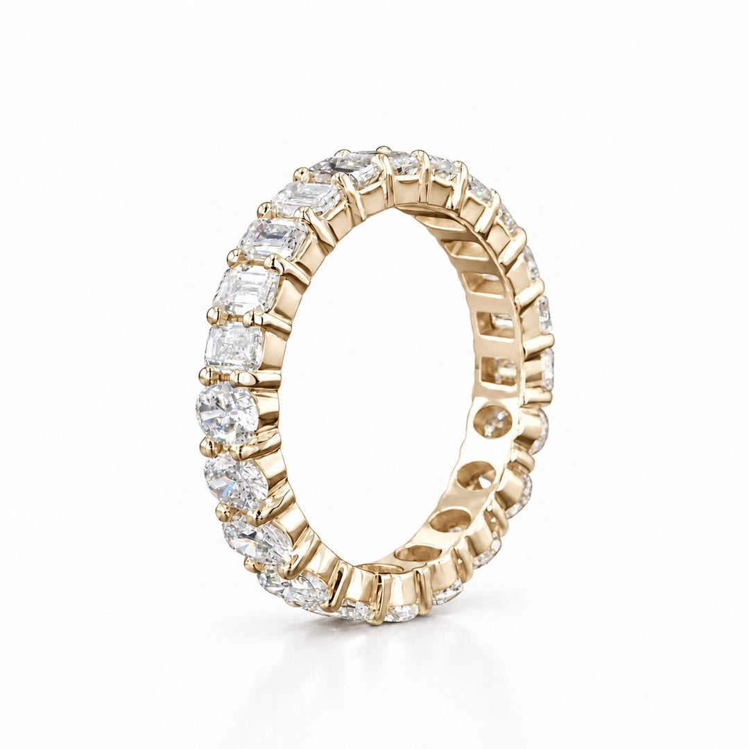 3.36ctw Half Oval & Half Emerald Diamond Eternity Band Ring (4mm) side view in 14K Yellow Gold