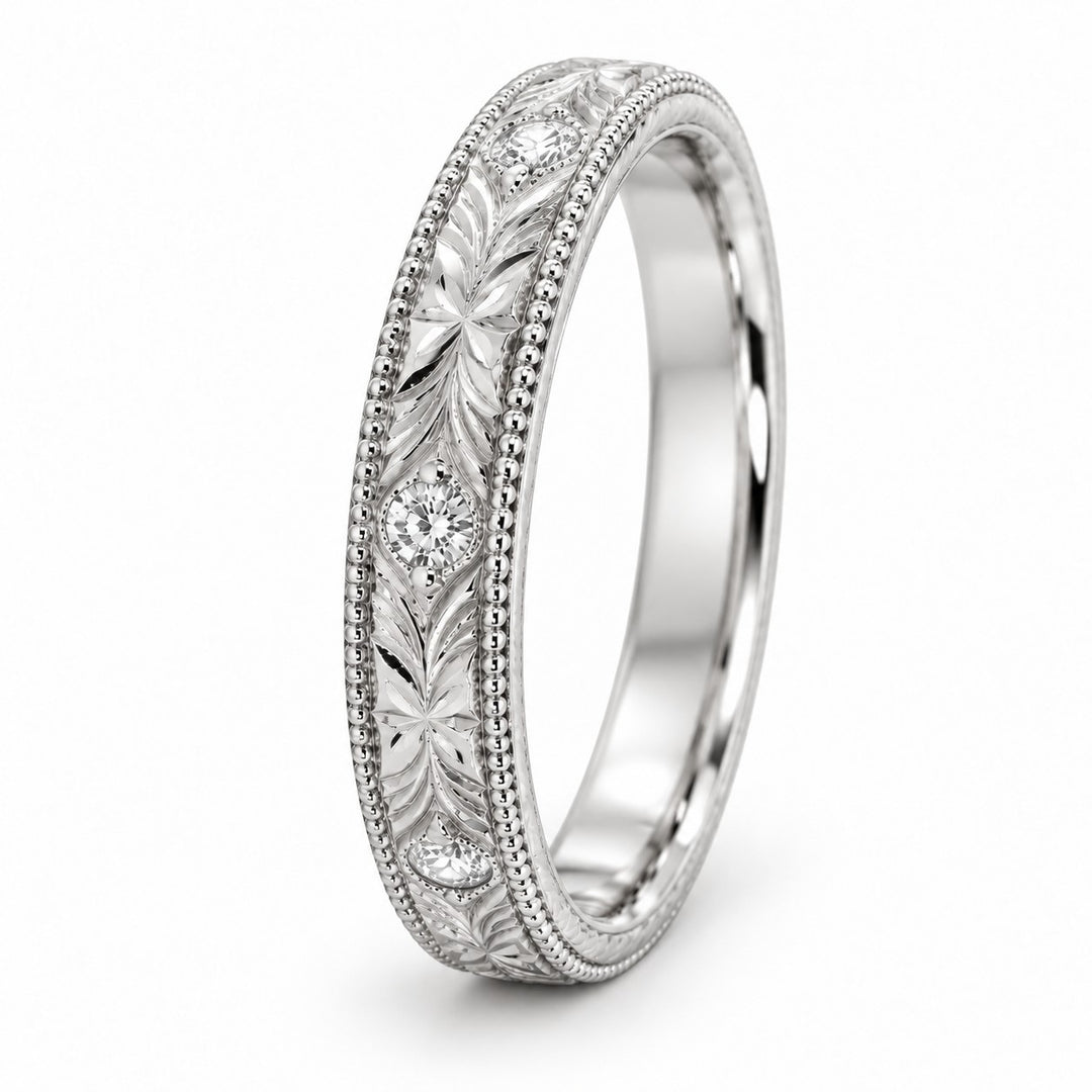 Hand-Carved Diamond Vintage Solid Gold Band (3mm) angle view in 14K White Gold
