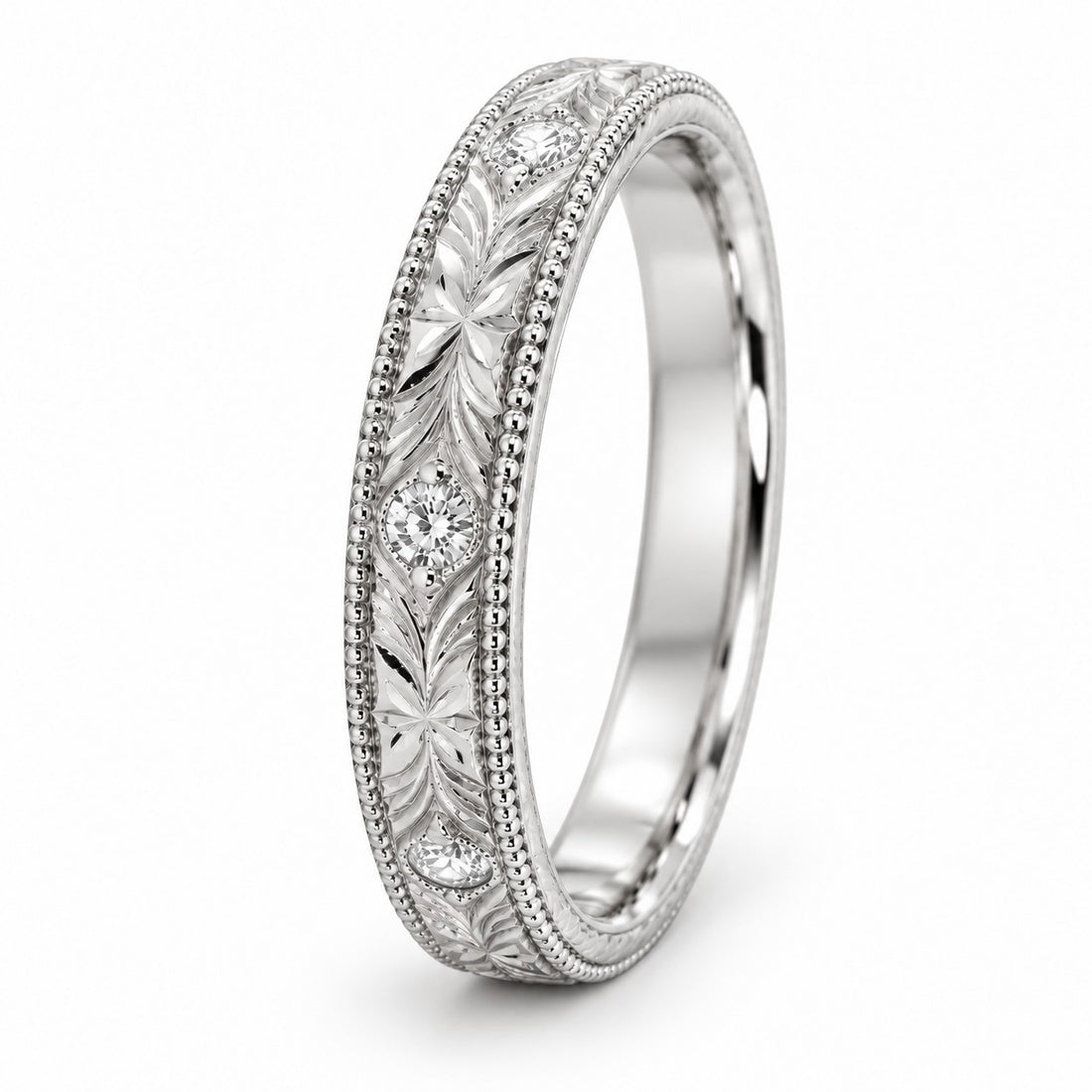 Hand-Carved Diamond Vintage Solid Gold Band (3mm) angle view in 14K White Gold