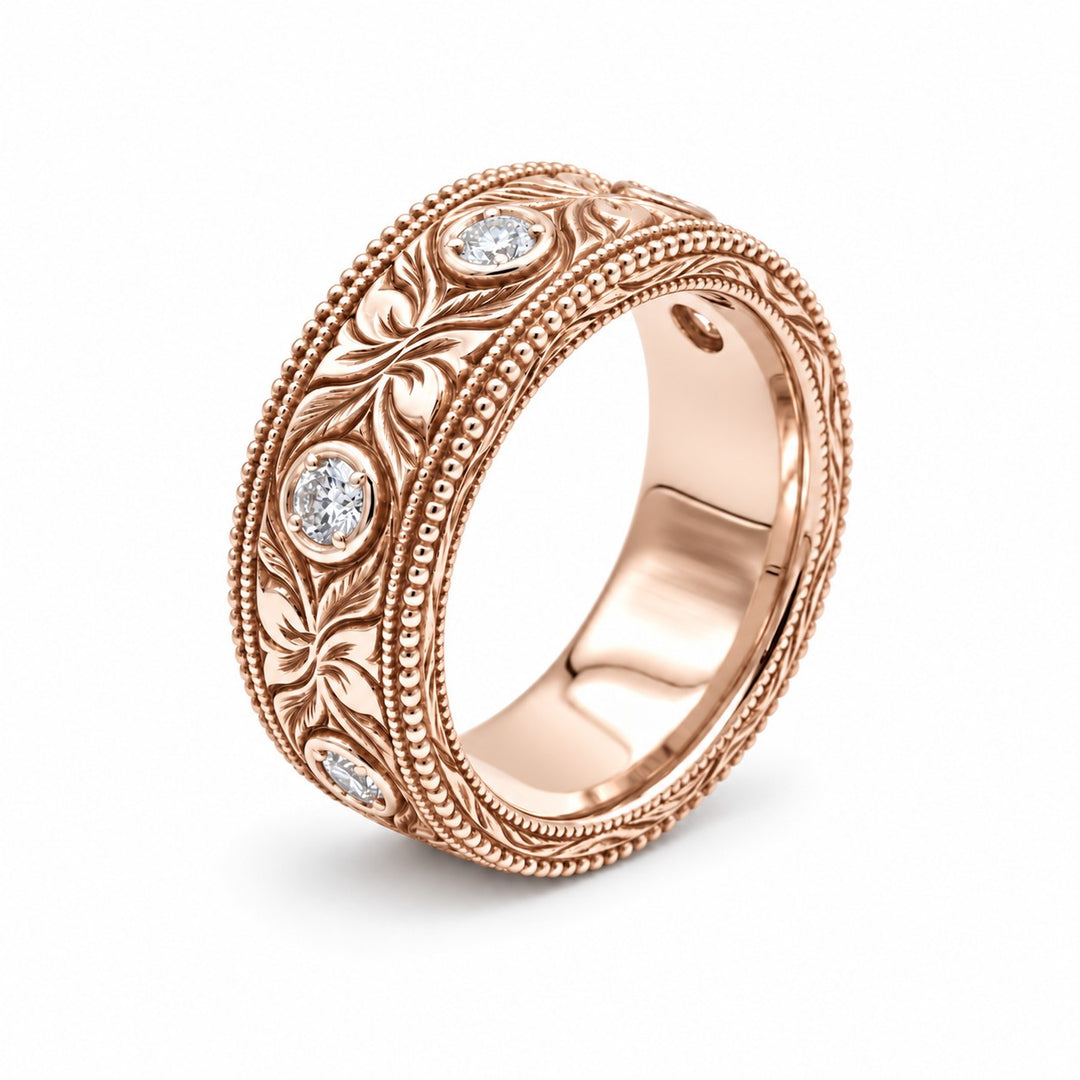 Hand-Carved Diamond Vintage Solid Gold Band (6mm) in rose gold, standing view