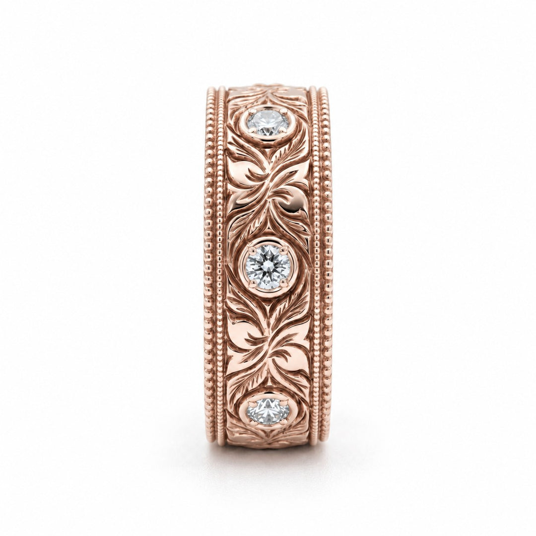 Hand-Carved Diamond Vintage Solid Gold Band (6mm) in rose gold, profile view