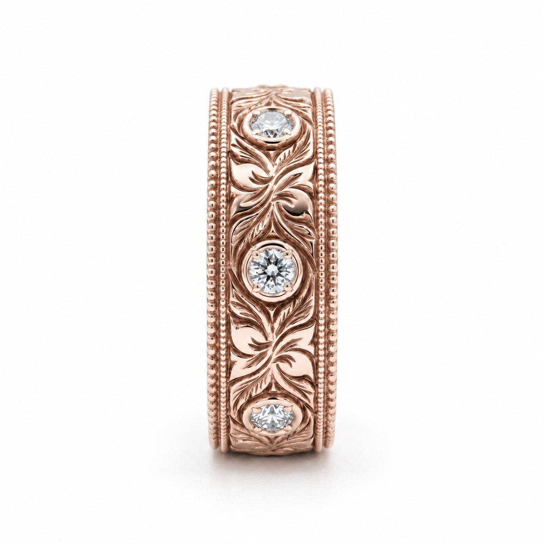 Hand-Carved Diamond Vintage Solid Gold Band (6mm) in rose gold, profile view