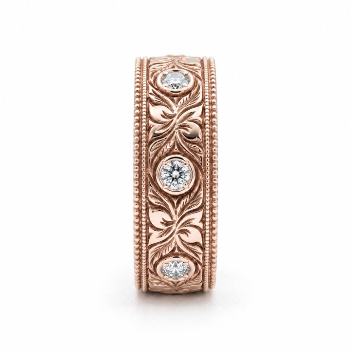 Hand-Carved Diamond Vintage Solid Gold Band (6mm) in rose gold, profile view