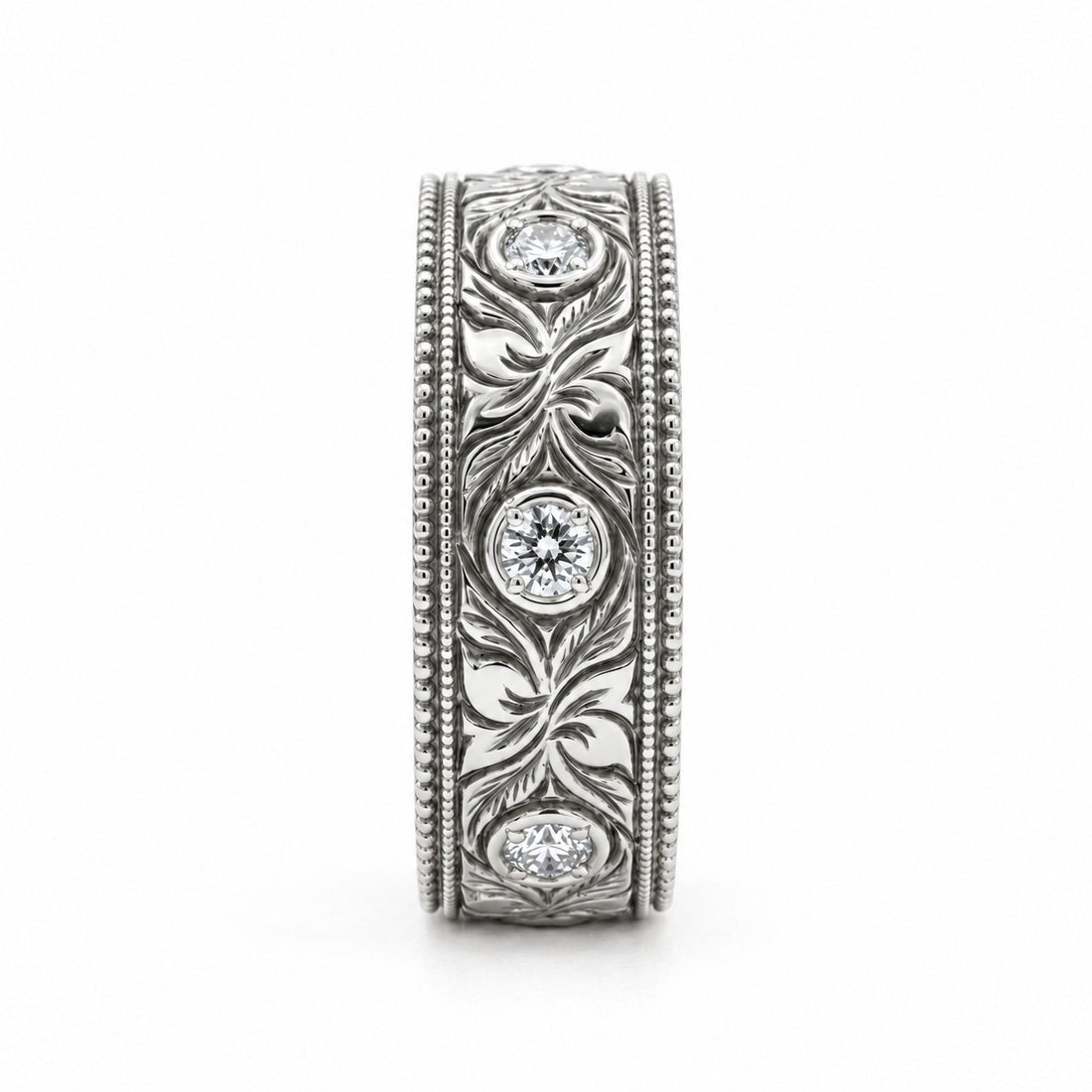 Hand-Carved Diamond Vintage Solid Gold Band (6mm) in white gold, profile view
