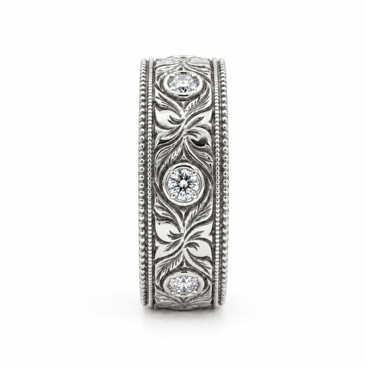 Hand-Carved Diamond Vintage Solid Gold Band (6mm) in white gold, profile view