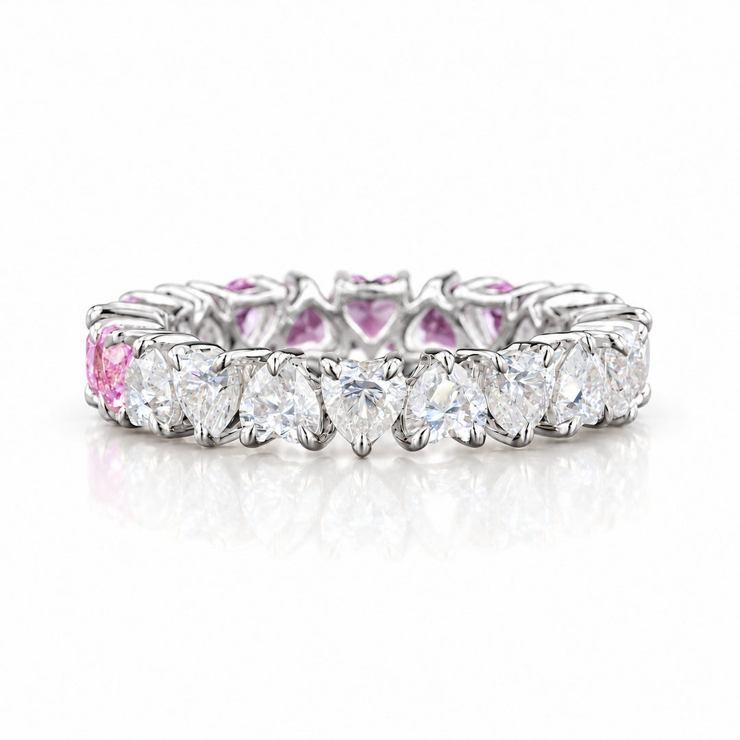 Heart Sakura Pink Sapphire & Diamond Eternity Band (3.5mm, 4.40ctw) front, diamond side in 14K White Gold