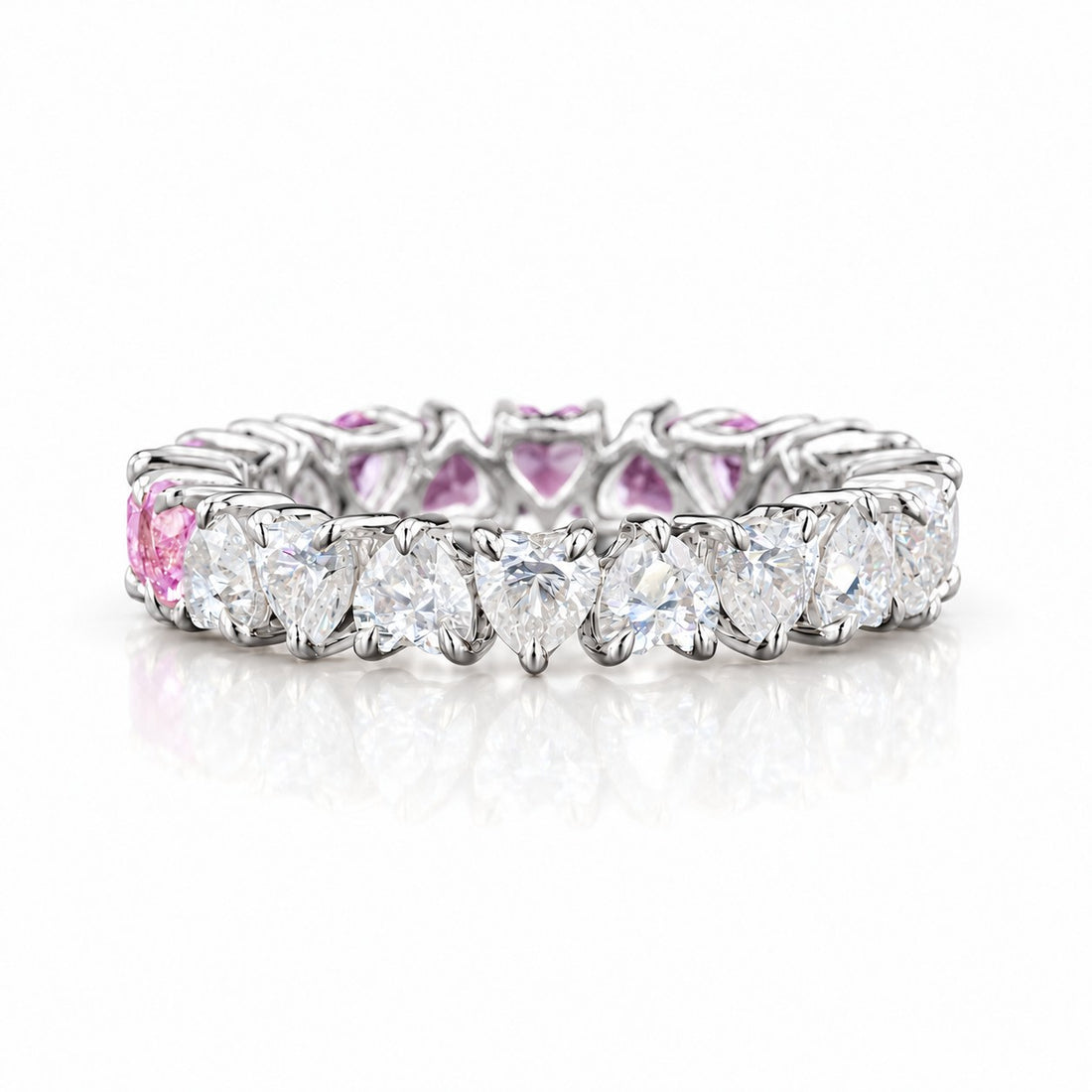 Heart Sakura Pink Sapphire & Diamond Eternity Band (3.5mm, 4.40ctw) front, diamond side in 14K White Gold