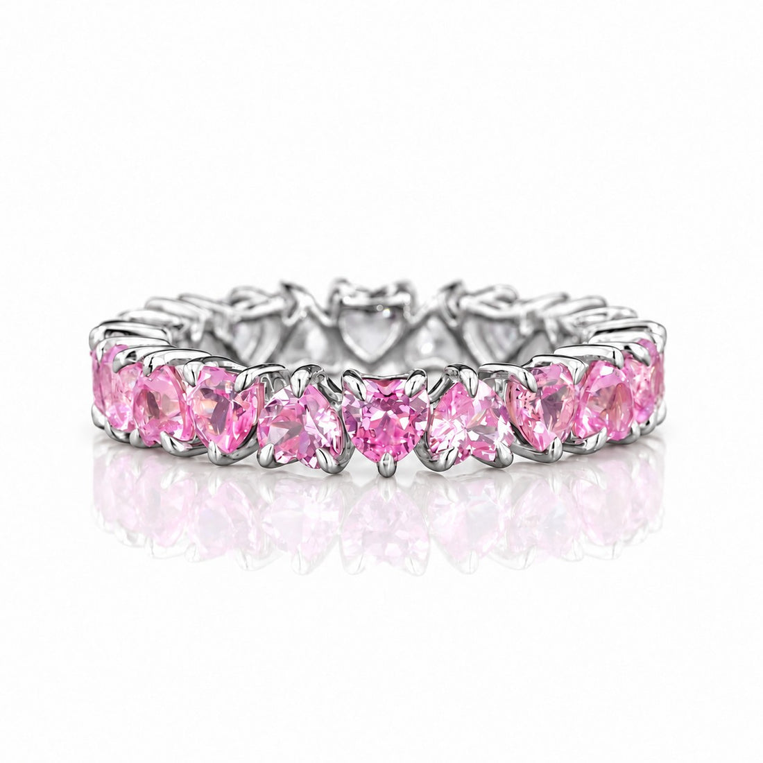 Heart Sakura Pink Sapphire & Diamond Eternity Band (3.5mm, 4.40ctw) front, pink sapphire side in 14K White Gold